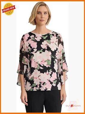 Floral Print 3/4 Ruffle Sleeve Peasant Top Lightweight Polyester Blend